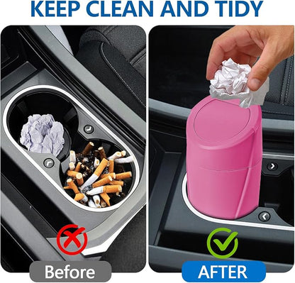 Hovom Mini Car Trash Can with Lid, Portable Garbage Can for Car, Leakproof Cup Holder Automotive Garbage Bin with 2 Rolls of Trash Bags, Small Trash Storage Can for Car Home Office(Rose Red)