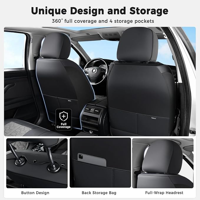 Huidasource Front and Back Seat Covers Universal Fit for Most Cars SUV Trucks, Leather Car Seat Covers Full Set 5 Seats, Full-Cover Pickup Truck Seat Cover with Lumbar Support, Black & Gray