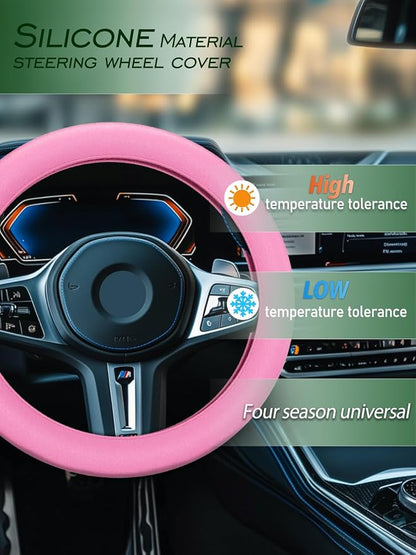 LRITER Car Steering Wheel Cover, Non-Slip Silicone Material, Multiple Color Choices, Universal Auto Parts Steering Wheel Cover, Suitable for Most Cars (Pink)
