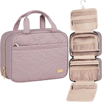 NISHEL Travel Toiletry Bag for women, Portable Hanging Organizer for Travel-Sized Shampoo, Conditioner, Brushes Set, Makeup Accessories, Medium Size, Peach Pink