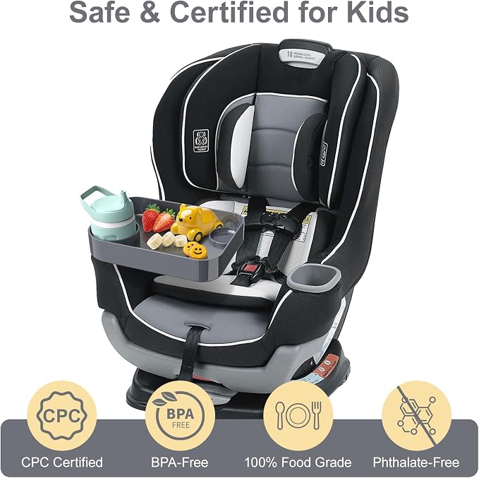 Car Seat Snack Tray for Toddlers - 3 Inch Cup Holder Fits Most Sippy Cups & Straw Bottles with Dip Well, Mess-Free Square Kids Travel Tray Road Trip Essentials, Dark Grey