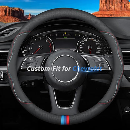 Deer Route Custom-Fit for Chevrolet Steering Wheel Cover, Premium Leather Car Steering Wheel Cover with Logo, Non-Slip, Breathable,