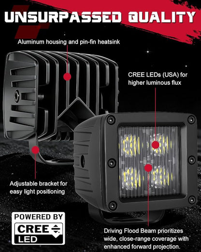 OFFROADTOWN LED Cubes, 3 Inch 80W CREE LED Pods Offroad Driving Lights Ditch Fog Backup Reverse Light for for Trucks UTV SUV ATV Motorcycle Pickup Boat - 2Pcs Driving Flood Beam