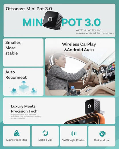 OTTOCAST Mini 3.0 Black 2-in-1 Wireless CarPlay & Android Auto Adapter – Plug & Play for iPhone/Android, Dual-Phone Memory, Dual-Band WiFi (2.4/5GHz), Auto-Reconnect (USB Type-C)
