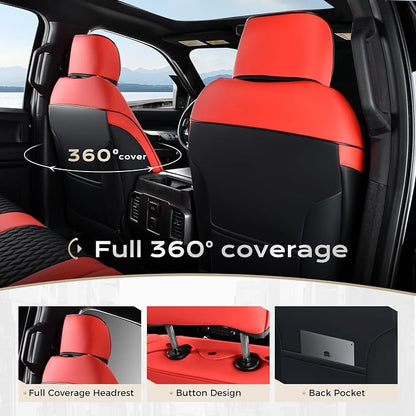 Coverado Front Seat Covers for Ford F150 2015-2026, F250 F350 F450 2017-2026 SuperCrew Crew Cab, Red Leather Car Seat Covers, Full Coverage