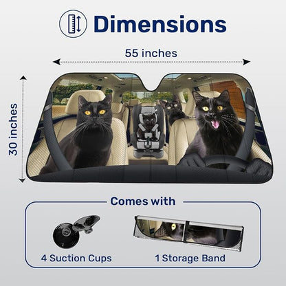 GENANY Cute Cat Family Funny Windshield Sun Shade for Car SUV Truck (55x30 Inches), Car Sun Shade Windshield, Car Shades for Front Windows, Sunshade for Car Windshield, Protector Blocks UV