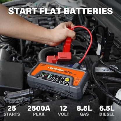 LOKITHOR JP400 Jump Starter with Air Compressor, 2500A 12V Portable Car Battery Booster Pack (8.5L Gas/6.5L Diesel) with ConnectMax Tech, 150PSI Tire Inflator, Auto-Shutoff & Dynamic Dwell (Orange)