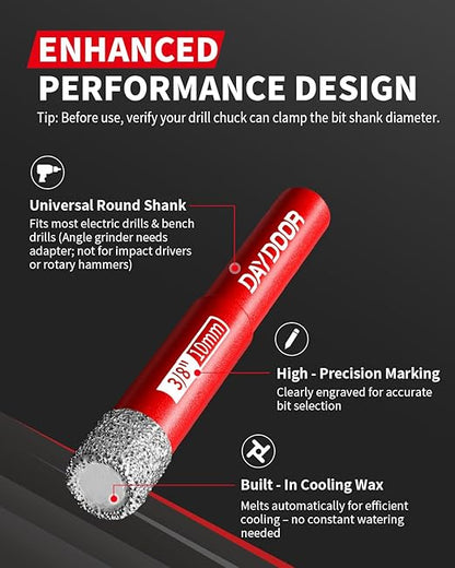 DAYDOOR Dry Diamond Drill Bits Set, 3/16" 1/4" 5/16" 3/8" 1/2" 5/8" Diamond Hole Saw Kit for Porcelain Tile Ceramic Glass Marble Granite, Tile Drill Bits with Cooling Wax, Round Shank (7-Piece)