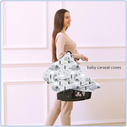 Car Seat Covers for Babies - Multi- use Nursing Carseat Canopy, Breastfeeding Covers, Baby Shower Gifts for Boys and Girls (Grey Dinosaur)