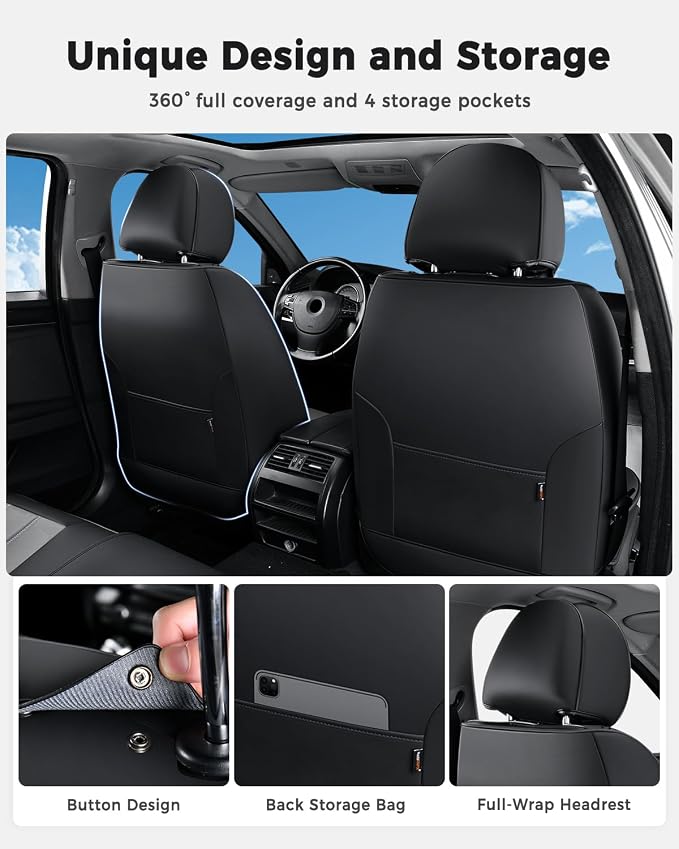 Huidasource Front Seat Covers, Universal Fit for Most Cars SUV Trucks, Full Coverage Leather Seat Cover, Airbag Compatble, Seat Function Retain, Storage Pocket Design, Easy to Install, Black & Gray