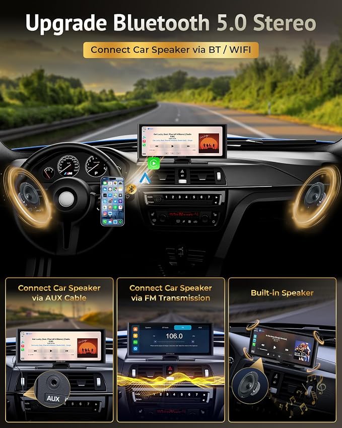 Carplay Screen for Car, 10.26" Wireless Car Play for Apple Carplay & Android Auto,4K Dash Cam,1080p Backup Camera DVR,Car Audio Receivers GPS Navigation Mirror Link, Bluetooth,FM, Siri