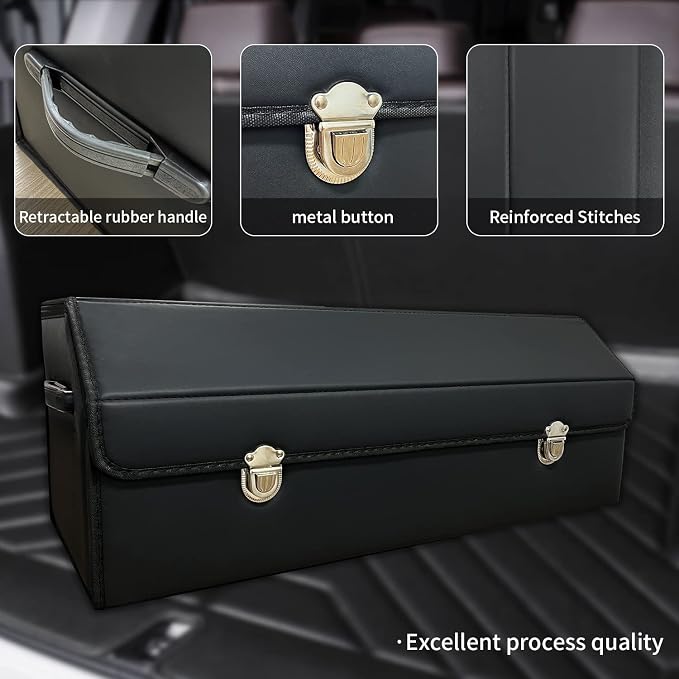 Car Trunk Organizer with Lid,Foldable Faux Leather Cargo Storage Box,3 Compartments,Collapsible Multi-Functional for SUV,Sedan,Vehicle Trunk