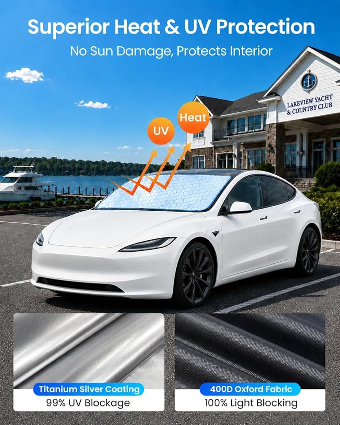 REEVAA Upgraded for Tesla Model 3 Highland 2016-2026 Windshield Sunshade [Tailored Fit, 99% Sun Protection] Foldable Sun Shade Car Accessories with Storage Bag