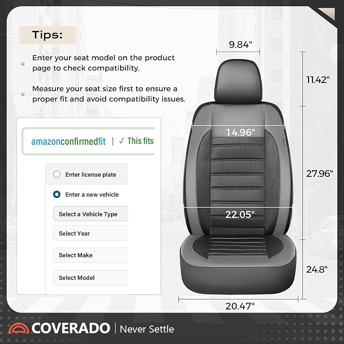 Coverado Car Seat Covers Full Set, Luxury Leather Car Seat Protector, Automotive Front and Rear Mesh Seat Covers, Full Set 5 Seats, Black Gray Seat Cushion for SUV Sedan Truck