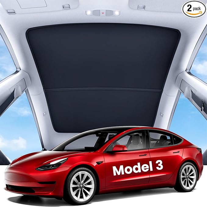 REEVAA 2026 Upgraded Tesla Model 3 Sunshade Roof [No Gaps, No-Sagging] Model 3 Accessories Heat Insulation Foldable Glass Sunroof Cover for Model 3 2020-2026 Highland, 2PCS, Black