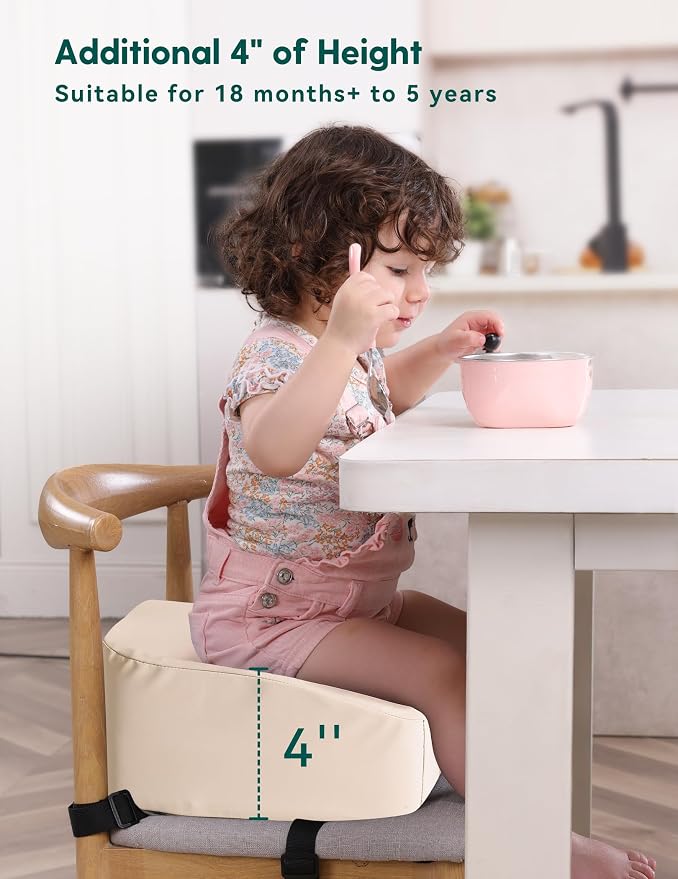 Babelio Ergo-Designed Booster Seat for Kitchen Chair, Promote Proper Upright Posture, Toddler Booster Seat for Dining Table, Suitable for 18 Months to 5 Years, Stain-Resistant Faux Leather, Beige