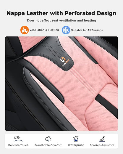 Huidasource Seat Covers Full Set Luxury Nappa Leather, Seat Covers with Velcro Adjustable, Airbag, Lumbar Support, Cooling＆Heating, Car Seat Cover Set Universal Fit for Most Cars SUV Trucks Black＆Pink