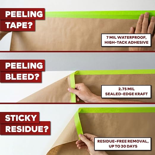 XFasten Pre Taped Masking Paper for Painting 12 Inches x 50 Feet Single Roll Thick Painters Paper with Tape for Cars, Walls, Auto Body — Thick Kraft, Clean Removal Painters Drape with Tape