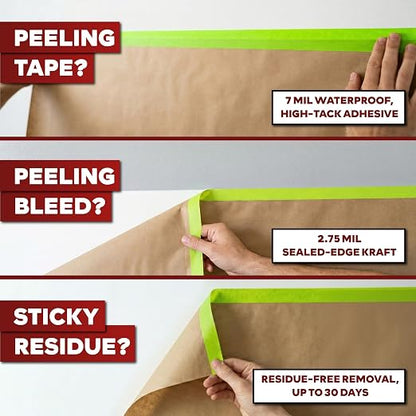 XFasten Pre Taped Masking Paper for Painting 12 Inches x 50 Feet Single Roll Thick Painters Paper with Tape for Cars, Walls, Auto Body — Thick Kraft, Clean Removal Painters Drape with Tape