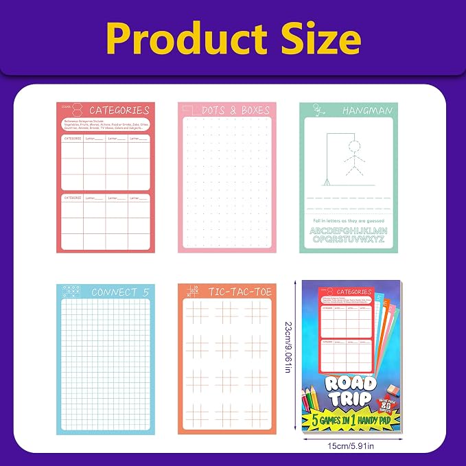 Road Trip Game Pad, 5 in 1 Travel Games Set for Kids | Tic-Tac-Toe, Hangman, Dots and Boxes, Categories, Connect 5, 80 Sheets Activity Pad