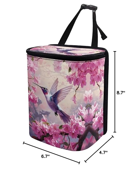 BIGCARJOB Hummingbird Flower Car Trash Bags Hanging Headrest Car Trash Bin for Back Seat,Pink Flower Bird Print Multi-Use Storage Organizer Car Garbage Can,Universal Fit