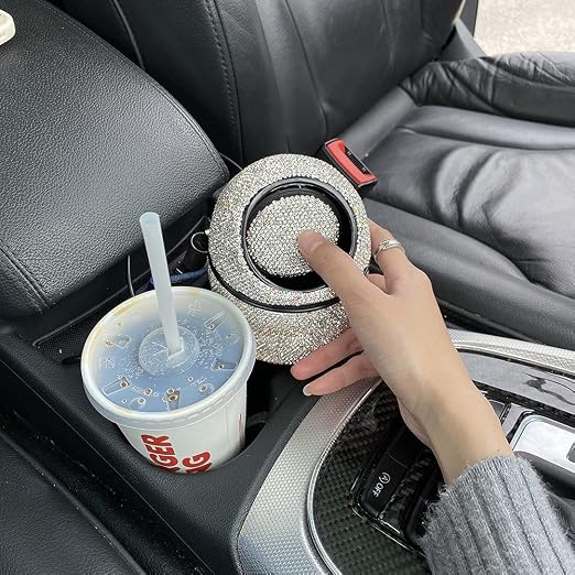 Bling Rhinestone Auto Garbage Can Car Trash Can with Lid Mini Garbage Bin for Automotive Car, Home, Office, Kitchen, Bedroom (White)