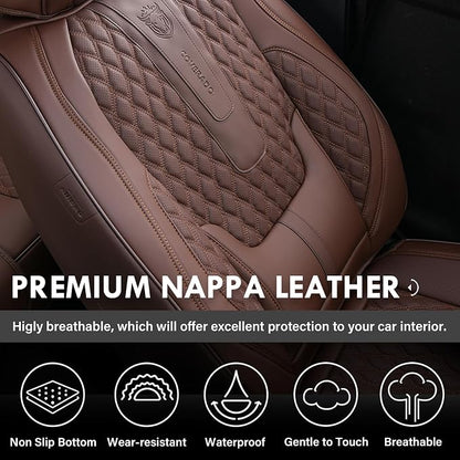 Coverado Front Seat Covers, Car Seat Covers Front Seats, Nappa Leather Seat Covers for Cars, Waterproof Seat Covers with Lumbar Support Universal Fit for Most Cars SUV Trucks (Front, Coffee)