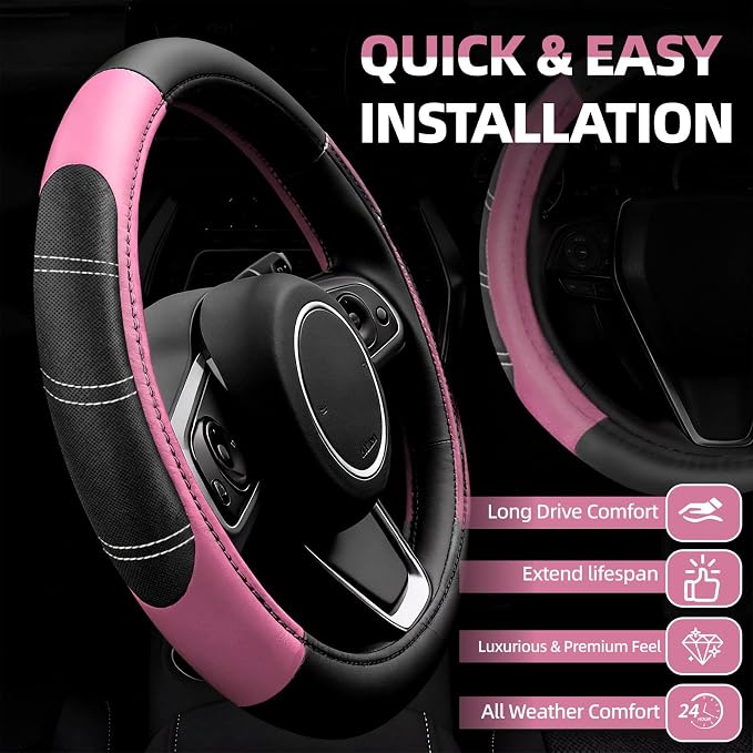 NBTEPEM 6 Pcs Pink Car Accessories Set, Sport Leather Steering Wheel Cover 14.5-15inch Universal, Microfiber Leather Car Center Console Cover, Seat Belt Cushion, Cup Holder Coaster (Black-Pink)