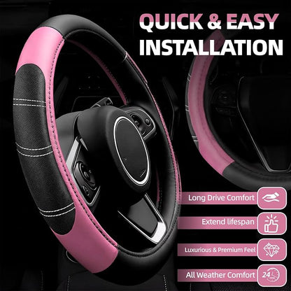 NBTEPEM 6 Pcs Pink Car Accessories Set, Sport Leather Steering Wheel Cover 14.5-15inch Universal, Microfiber Leather Car Center Console Cover, Seat Belt Cushion, Cup Holder Coaster (Black-Pink)