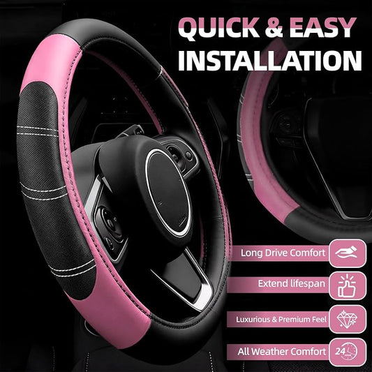 NBTEPEM 6 Pcs Pink Car Accessories Set, Sport Leather Steering Wheel Cover 14.5-15inch Universal, Microfiber Leather Car Center Console Cover, Seat Belt Cushion, Cup Holder Coaster (Black-Pink)