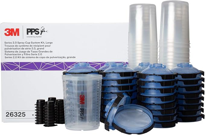 3M PPS 2.0 Spray Gun Cup, Lids and Liners Kit, 26325, Large, 28 Ounces, 125-Micron Filter, Use for Cars, Furniture, House and More, 1 Paint Cup, 50 Disposable Lids and Liners, 32 Sealing Plugs