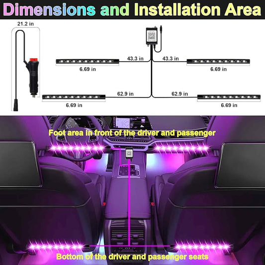 BFXM Car Interior Lights, 12V LED Strip Lights with Cigarette Lighter Adapter, Ambient Lighting Car Accessories, App & Remote Control Music Sync Color Change Lights for Truck Car- 2 Set