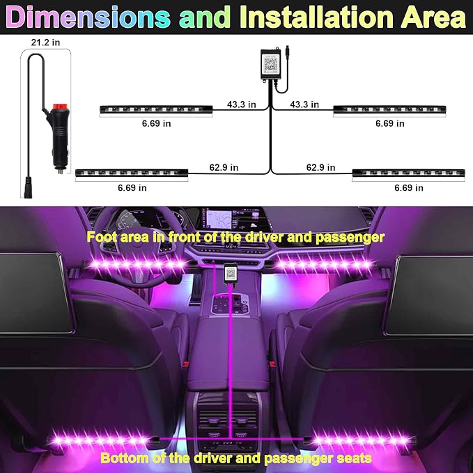 BFXM Car Interior Lights, Car Accessories Interior, 12V LED Strip Lights with Cigarette Lighter Adapter, Ambient Lighting Car, App & Remote Control Music Sync Color Change Lights for Truck Car Decor