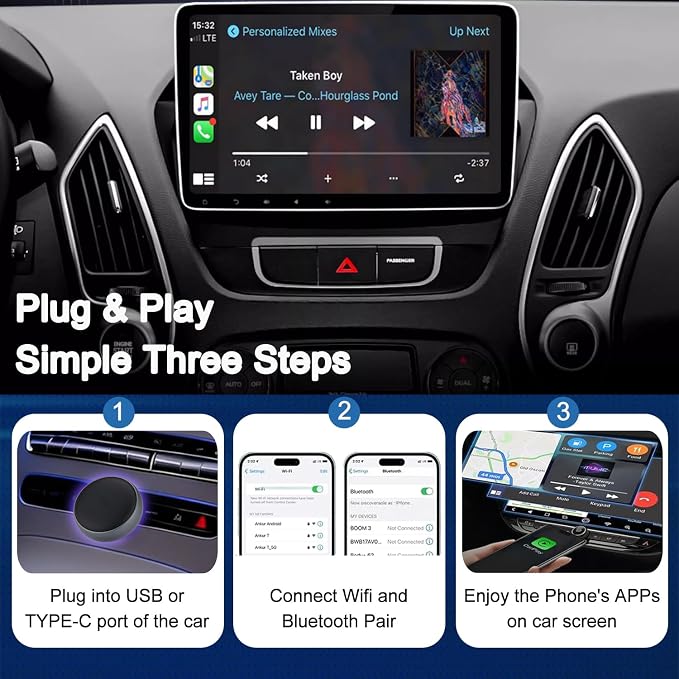Wireless CarPlay Adapter for Apple Car Play, Small Mini Edition, Converts Factory Wired to Wireless CarPlay, Plug & Play Adapter for Apple iPhone iOS 10+ & Cars from 2015+(2026 Upgrade Grey)