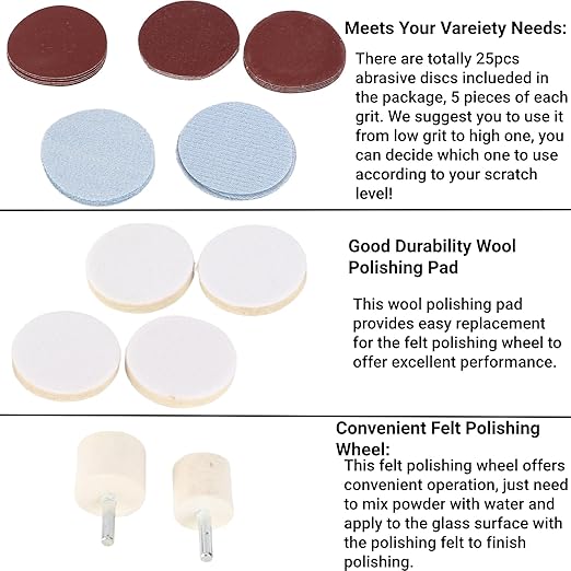 Windshield Scratch Remover Kit Glass Polishing Kit with Abrasive Discs and Felt Pads for Car Windscreen Rear Side Window Scratch Repair