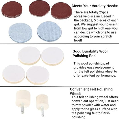 Windshield Scratch Remover Kit Glass Polishing Kit with Abrasive Discs and Felt Pads for Car Windscreen Rear Side Window Scratch Repair