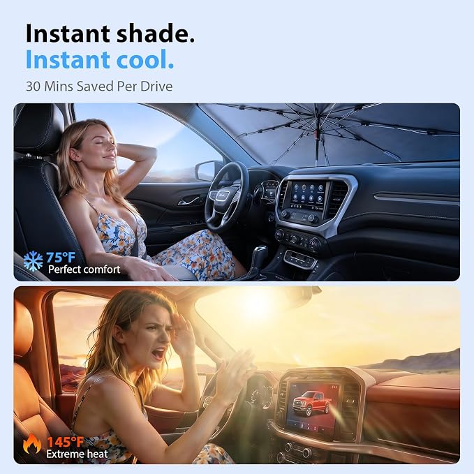 Car Windshield Sun Shade Umbrella [2026 Ice Shield] Custom Fit: GMC Terrain, Kia Seltos, Buick Envista & More Compact SUV/Sedan Car Accessories, Anti-Scratch Max Cool Interior Protector