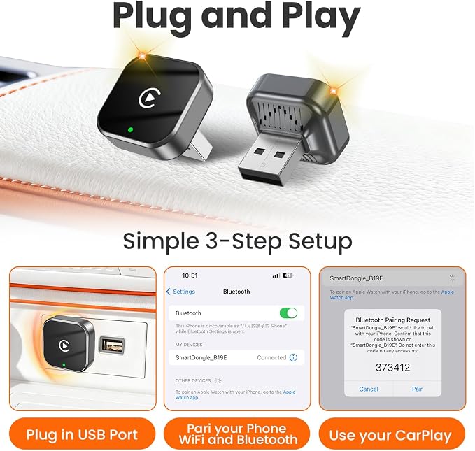 Wireless CarPlay Adapter for iPhone - Plug and Play, Converts Wired to Wireless, Stable Connection Without Delay, Compatible with iOS 10+ & 800+ Car Models, Not for Android 2025（V9-Hui）