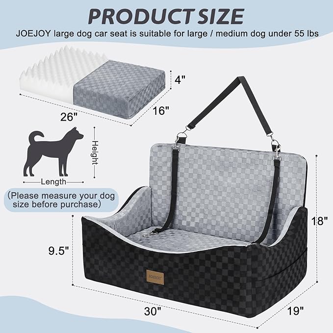 JOEJOY Dog Car Seat for Medium/Large Dogs - Reversible Dual-Sided Travel Dog Car Bed with Memory Foam, Washable Pet Booster Seat for Do gs up to 55 lbs or 2 Small Dogs, 2 Safety Leashes, Grey
