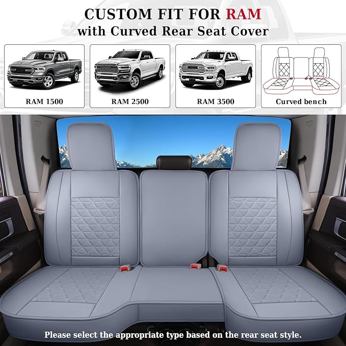 Coverado Seat Covers for Dodge Ram Full Set, Waterproof Truck Car Seat Cover Protectors Custom Fit for 2002-2026 Dodge RAM 1500 2500 3500 with Curved Bench(Gray)