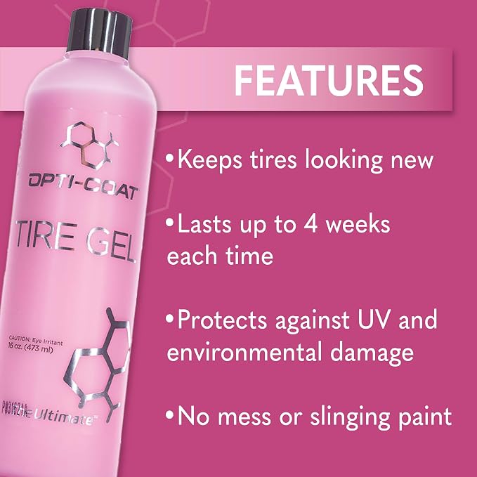 OPTI-COAT – Tire Gel – High Gloss Finish and Excellent Durability; Used to Protect and Dress Tires, Wheel Wells, Interior, & Exterior Plastic Trim; Protects from Ozone, UV, & Oxidation (16 Fl. Oz.)