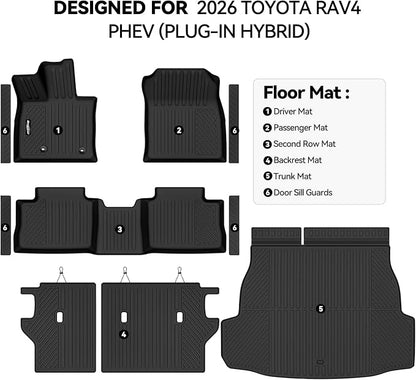 Floor Mats for 2026 Toyota RAV4 PHEV (Plug-in Hybrid), Trunk Mat and Backrest Mat & Door Sill Guard All Weather TPE Protector for Toyota RAV4 PHEV Accessories