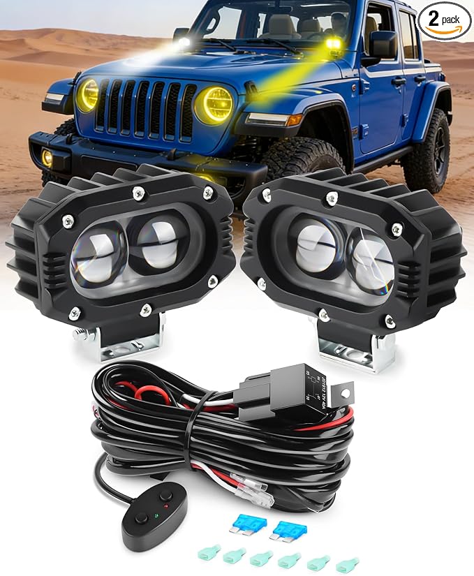 4 Inch LED Pods Driving Lights, 48W Rectangle Offroad Lights Cube Spotlights with Amber&White DRL, 120° Combo Beam 3 Modes LED Auxiliary Lights with Wiring Harness for Trucks SUV ATV UTV Motorcycle