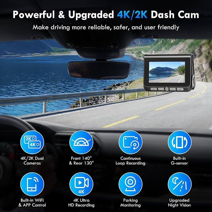 Dash Cam, 4K+2K Full HD Dash Cam Front and Rear, Dash Camera for Cars with Built-in 5GWiFi, 3.0” IPS Screen Dashcam, with 64GB Card, Night Vision, Loop Recording, G-Sensor, Parking Mode, Black