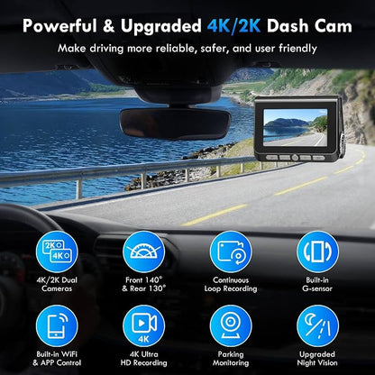 Dash Cam, 4K+2K Full HD Dash Cam Front and Rear, Dash Camera for Cars with Built-in 5GWiFi, 3.0” IPS Screen Dashcam, with 64GB Card, Night Vision, Loop Recording, G-Sensor, Parking Mode, Black