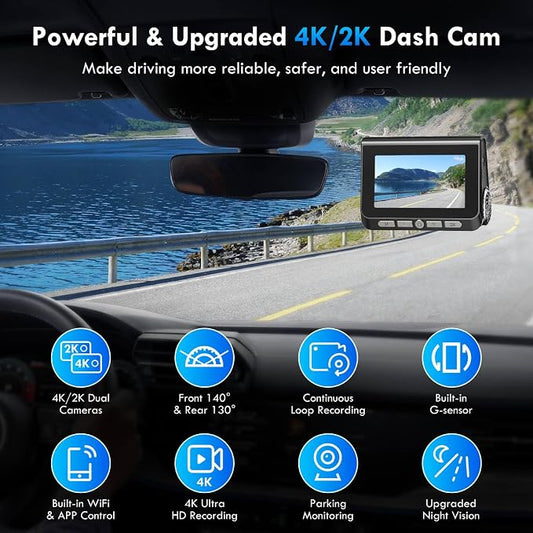 Dash Cam, 4K+2K Full HD Dash Cam Front and Rear, Dash Camera for Cars with Built-in 5GWiFi, 3.0” IPS Screen Dashcam, with 64GB Card, Night Vision, Loop Recording, G-Sensor, Parking Mode, Black