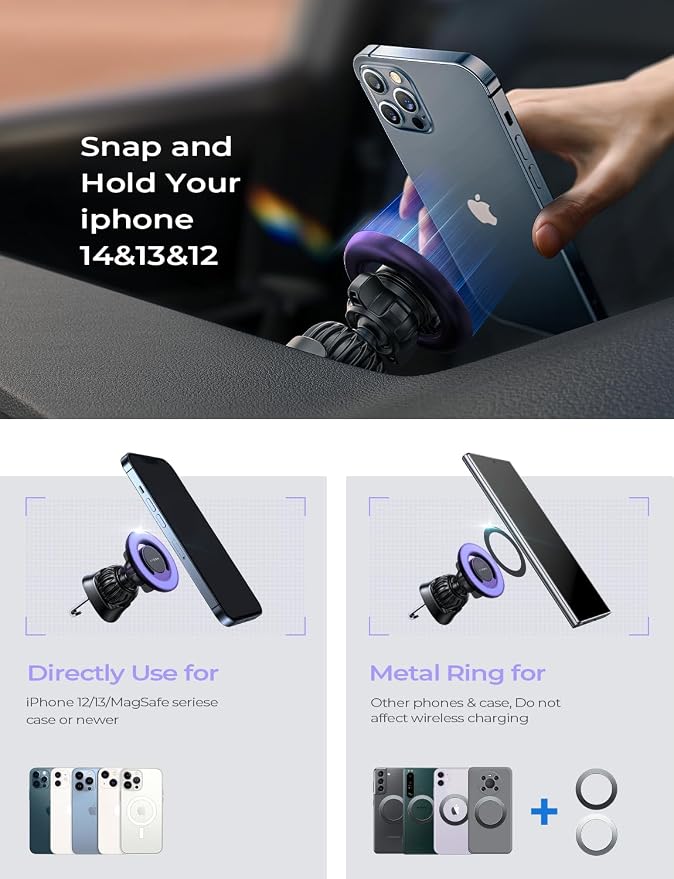 LISEN Fits MagSafe Car Mount Car Phone Holder,Strong Magnetic Phone Holder for Car Magsafe, Dashboard Vent iPhone 16 Car Mount Holder Car Accessories for iPhone 16 15 14 13 12 Pro Max,Purple Kits