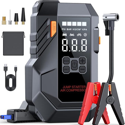 10-in-1 Portable Car Battery Jump Starter with Air Compressor, Jump Starter 6000A 26800mAh 160PSI (All Gas/12L Diesel), 12V Jump Box Car Battery Jumper Starter Portable Jumper Cables, Lights