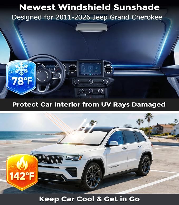 DMJN Front Windshield Sun Shade for Jeep Grand Cherokee (2011-2026), [Nano Ice-Crystal Coatings] UPF50+ Heat & UV Block, Protect Car Interior & Keep Cool, Flodable Steel-Ring Car Cover for Summer