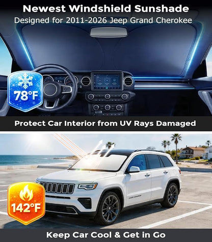 DMJN Front Windshield Sun Shade for Jeep Grand Cherokee (2011-2026), [Nano Ice-Crystal Coatings] UPF50+ Heat & UV Block, Protect Car Interior & Keep Cool, Flodable Steel-Ring Car Cover for Summer